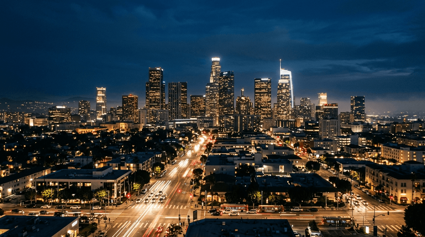 Professional security guard overlooking a Los Angeles property at night