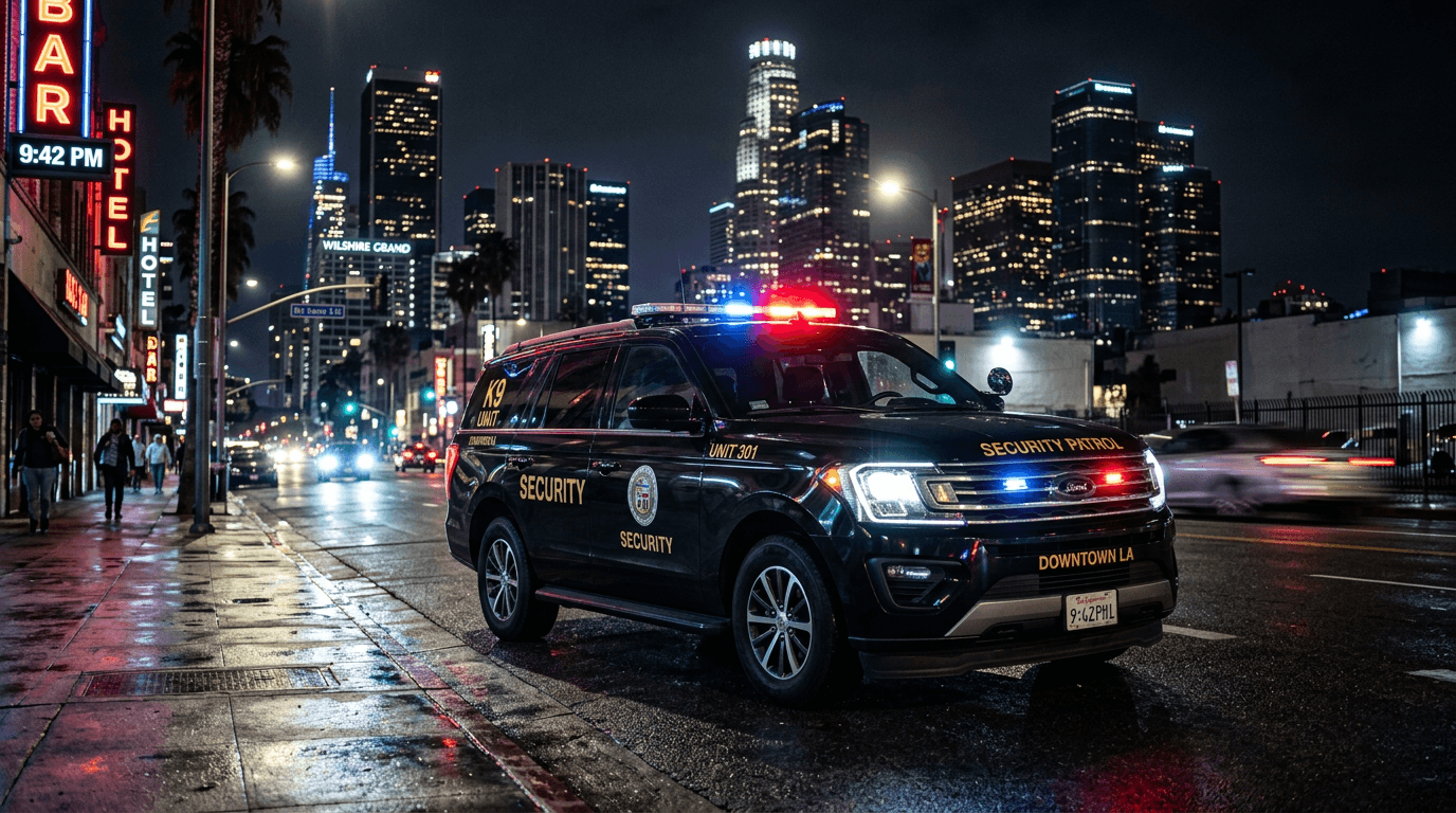 Marked security patrol vehicle on duty at night